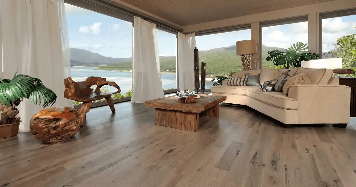 Professionally installed vinyl flooring in a modern living room with large windows in Myrtle Beach, SC